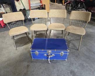 Set of 4 MidCentury Upholstered Metal Dining Chairs  Blue Storage Trunk