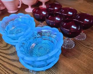 005 Vintage Blue Uranium Glass Scalloped BerryDessert Bowls  Ruby Red Goblets  12 Pieces