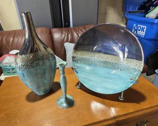Coordinating Blue Green Decorative Vase, Bowl  Candlestick