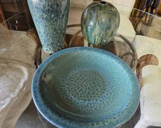 Large Art Pottery Bowl  Decorative Vase Trio  Blue Green Glaze