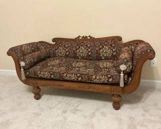 Upholstered and Carved Wood Settee
