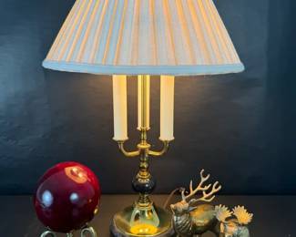 Vintage Brass Table Lamp with Pleated Shade, Brass Deer Red Glass And Brass Swan Decor