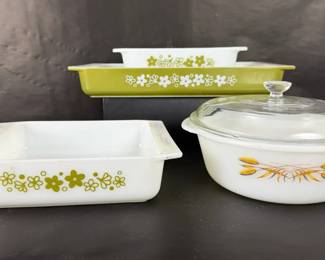 05 Vintage Pyrex Corning Ware Green Floral and Wheat Pattern Bakeware