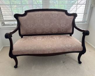 Carved Wood Victorian Style Settee Loveseat Pink Damask Upholstery Cabriole Legs