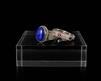 2 Sterling Silver Rings w Lapis Lazuli CZ Ruby Accent Band 13.10g
