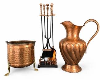 Vintage Italian Artigiani Trentini Hammered Copper Pitcher, Copper Cauldron Fireplace Tool Set