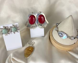 925 Sterling Silver Gemstone Earrings Bracelet Jade, Jasper Moonstone 77.52g
