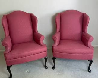 Vintage Pair of Pink Upholstered Wingback Accent Chairs with Queen Anne Legs