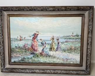 Signed Impressionist Coastal Scene Oil Painting in Ornate Frame