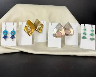 4 Pairs Sterling Gemstone Earrings Rose Quartz, Lapis, Turquoise Coral