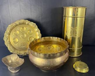 Vintage Brass Judaica Decorative Metalware Collection Seder Plate, Umbrella Stand, Bowls Coast