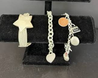 3 Sterling Silver Fashion Bracelets with Heart Charm, Star Cuff Charm Bracelet