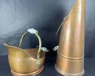Antique Style Copper Coal Scuttle Tall Fireplace Hod w Blue White Porcelain Handles