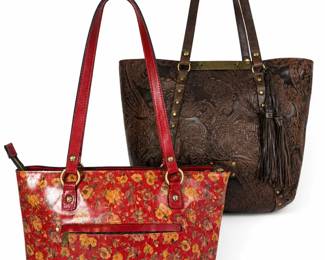 Patricia Nash Red Floral Leather Tote Handbag Brown Tooled Leather Tote