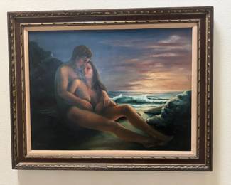 Signed B. Klein Nude Couple at Sunset Seascape Original Oil Painting 48 x 38 Framed
