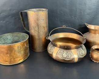 5Piece Copper Vessel Collection Handled Pots Pitchers Decorative Etched Bowl