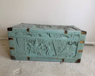Vintage HandCarved Painted Wood Trunk with Brass Hardware