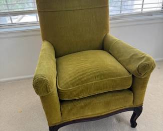 Vintage Olive Green Corduroy High Back Armchair with Carved Wood Cabriole Legs