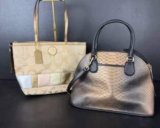 Two Coach Handbags Signature Tote Metallic Python Embossed Satchel