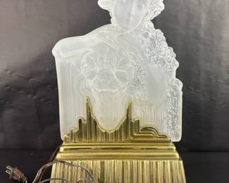 Stiffel Art Deco Frosted Glass Woman Tiger Figural Accent Lamp Gold Tone Base