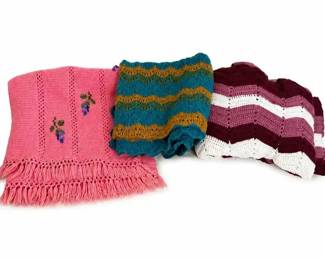 Three Handmade Crochet Knit Blankets Floral, Ripple Striped