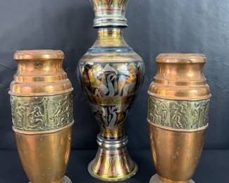 Vintage 3Piece Mixed Metal Decorative Vase Set Egyptian Classical Figural Designs