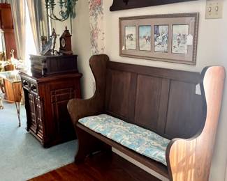 EARLY BENCH, MIRRORED SHELF, REMINGTON PRINTS