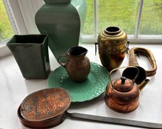 Brass, copper and pottery decorative items