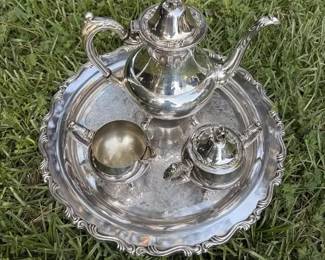 Vintage Oneida Seacrest Holloware Silverplate Serving Platter, Coffee Pot, Cream Sugar