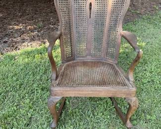 Antique Wingback Flint Horner Mahogany Cane Rocking Chair