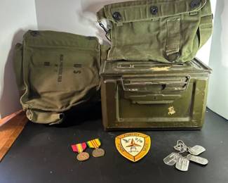 U.S. Military Surplus Field Gear, .50 Cal Ammo Can, Medals Memorabilia Lot