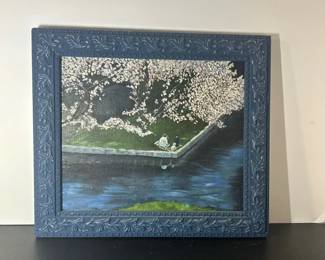 Under The Cherry Blossom Signed By Jean in Decorative Blue Frame