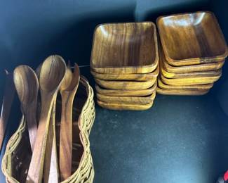 Acacia Wood Serving Bowl Set with Salad Utensils Woven Basket Organizer