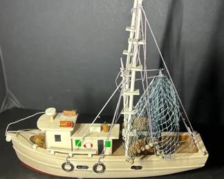 Vintage Handcrafted Wooden Commercial Fishing Boat Model with Nets Rigging