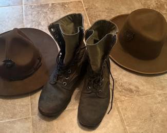 Mens Size 9 Vintage Military Boots and Vintage Military Hats