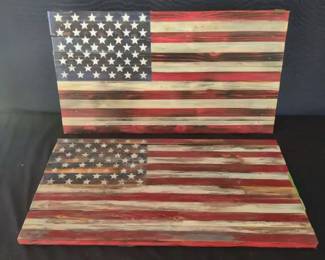 Two Handcrafted American Flags In Wood,One With Hidden Cabinet