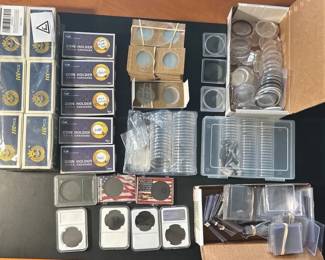 Large Coin Collecting Supplies Lot Capsules, Flips, Holders Display Cases