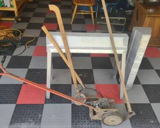 Vintage Lawn Care Tools And Steel Folding Saw Horses