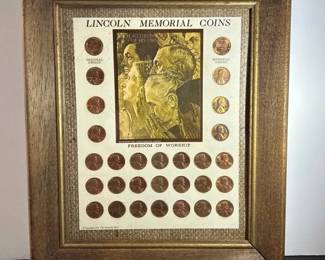 Framed Kennedy Mint Lincoln Memorial Coins Display with Norman Rockwell Freedom of Worship