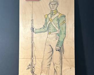 04 HandDrawn U.S. Marine 1835 Uniform Study on Wood with Brass Eagle Insignia Signed By T. like