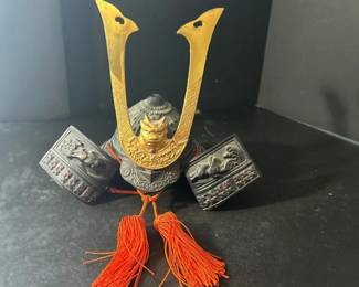 Decorative Japanese Samurai Kabuto Helmet Display with Gold Crest Red Tassels