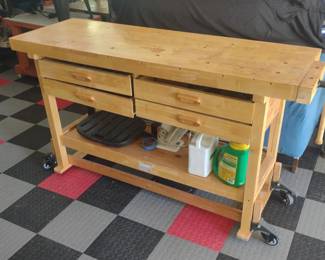 Rolling Wood Workbench With Contents