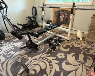 Parabody Body Smith workout center&nbsp;adjustable weight lifting bench, with barbells and weight tree