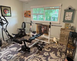 Parabody Body Smith workout center&nbsp;adjustable weight lifting bench, with barbells and weight tree Pro-Form "hybrid trainer" recumbent bike and elliptical