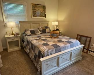 Cream farmhouse-style queen size bed with Nectar queen&nbsp;mattress, and matching nightstands and dresser