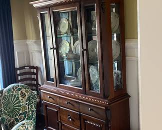 Broyhill china cabinet $150. 12 piece place setting of Lennox china Wheat pattern and accessory pieces $ 100.