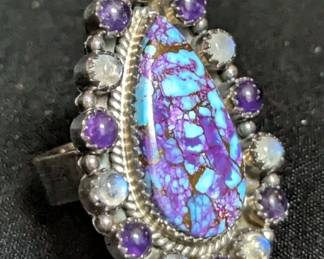 Mohave Turquoise And Sterling Silver Teardrop Ring With Gemstone Border, Sz 8.5
