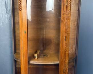 Oak Curio Cabinet With Curved Glass, 3 Wooden Interior Shelves and Key, Approx 63.5" x 37" x 15"