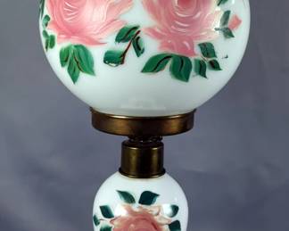 Hand Painted Milk Glass Table Lamp With Globe Shade And Brass Accents, 21" Tall, Powers On