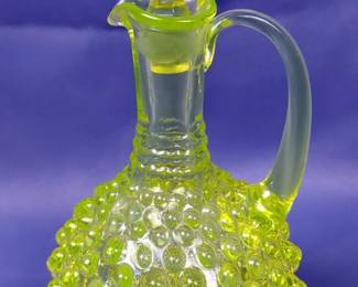 Uranium Glass Hobnail Decanter With Stopper, 6"